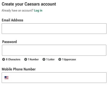 Caesars app registration page