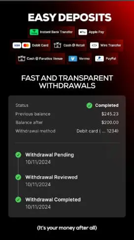 Fanatics app deposits & withdrawal options