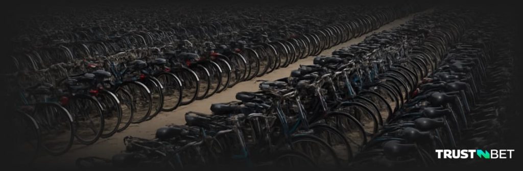 Thousands of bicycles parked