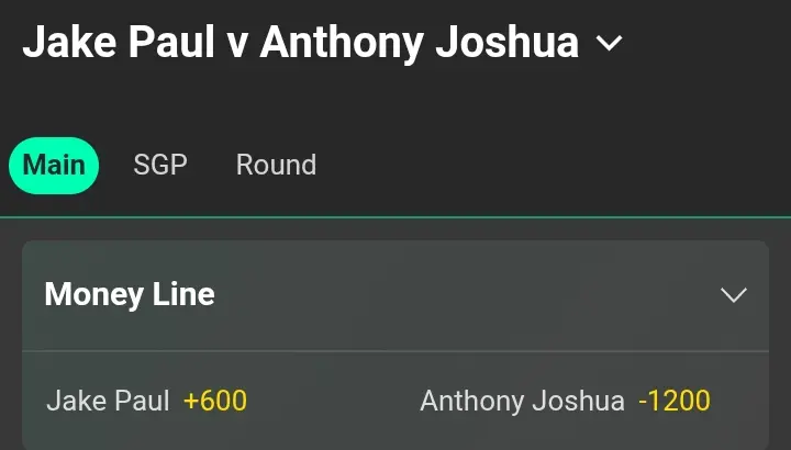 Paul vs Joshua Moneyline odds